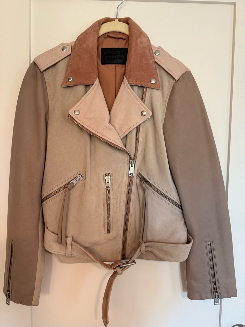 AllSaints Two-Tone Pink-Taupe Leather & Suede Biker Jacket - Picture 2 of 5